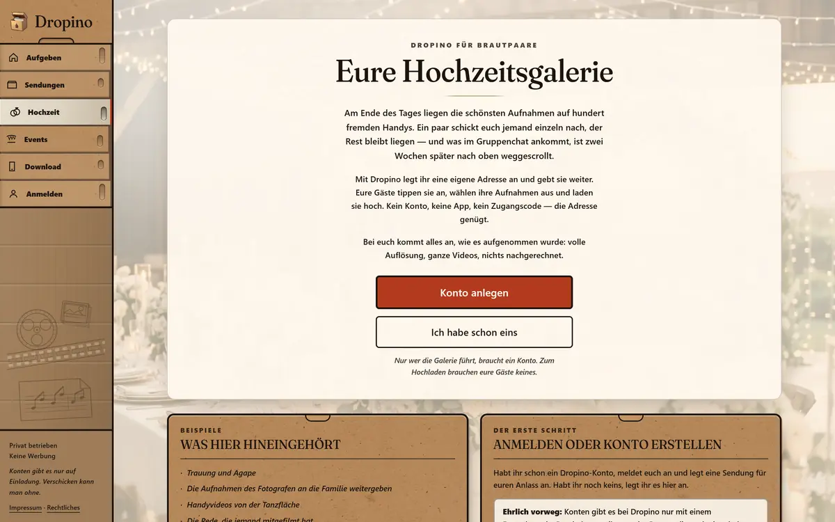Bildschirmfoto von Dropino: die Seite für Brautpaare, auf der eine gemeinsame Adresse für die Aufnahmen der Gäste angelegt wird.