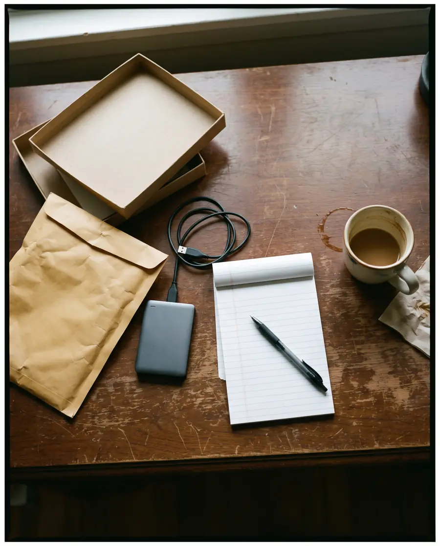 Ein Schreibtisch von oben: eine offene Kartonschachtel, ein Papierumschlag, eine Festplatte am Kabel, ein Notizblock und eine halb leere Tasse.
