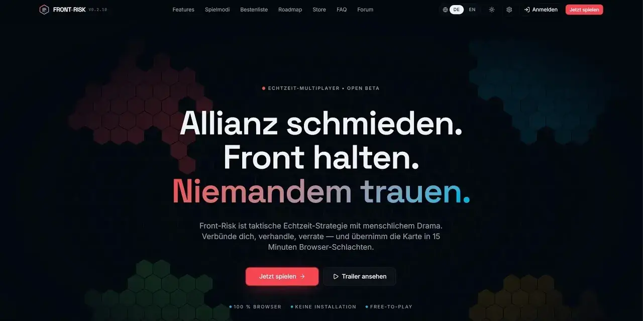 Bildschirmfoto der Startseite von front-risk.com mit dem Titel „Allianz schmieden. Front halten. Niemandem trauen.“
